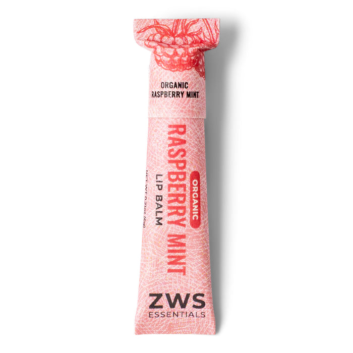 Pink raspberry mint lip balm packaging with ZWS branding on a white background