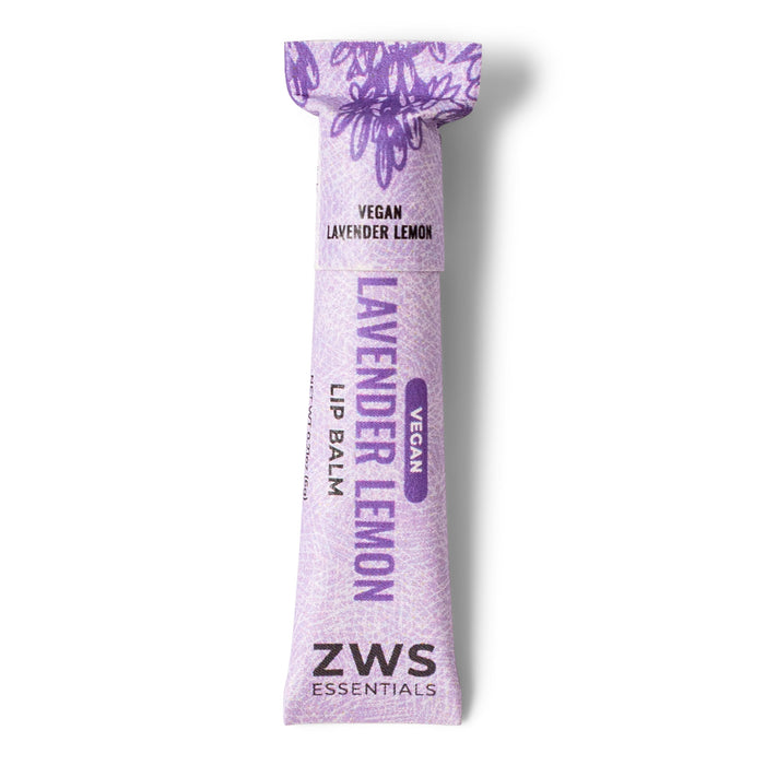 Lavender lemon lip balm packaging with ZWS branding on a white background