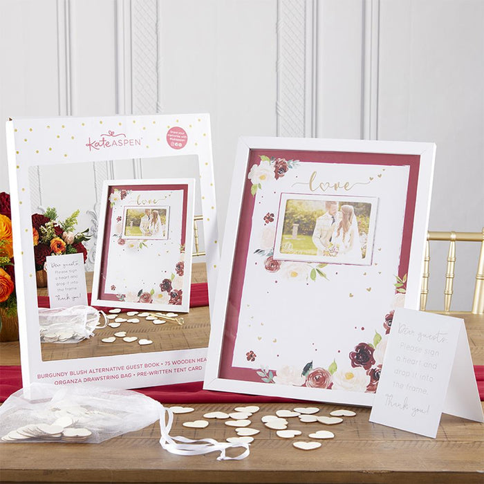 Burgundy & Blush Floral Guest Book Alternative with 75 Wood Hearts