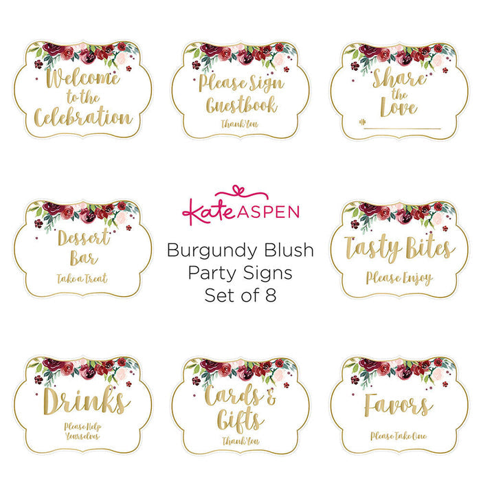 Burgundy & Blush Floral Party Sign Kit (Set of 8)