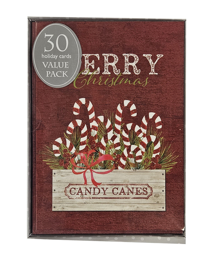 Christmas Candy Canes -  Value Pack Premium Boxed Holiday Cards - 30ct.