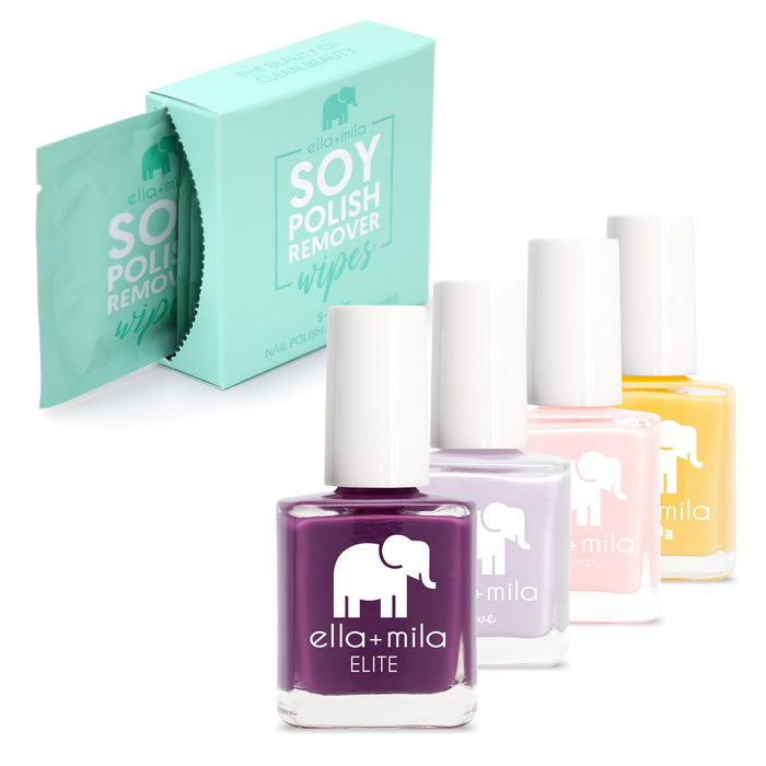 Full Bloom gift set with four nail polish bottles and remover wipes box