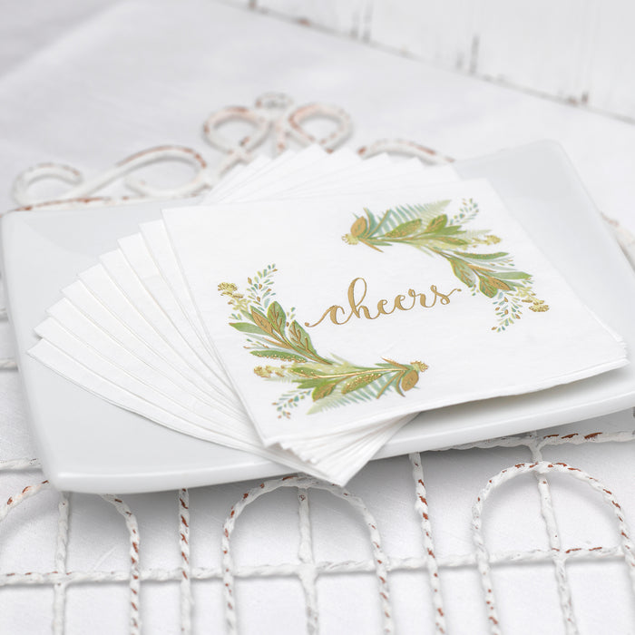 Greenery Beverage Napkins with foil accents - 50 count