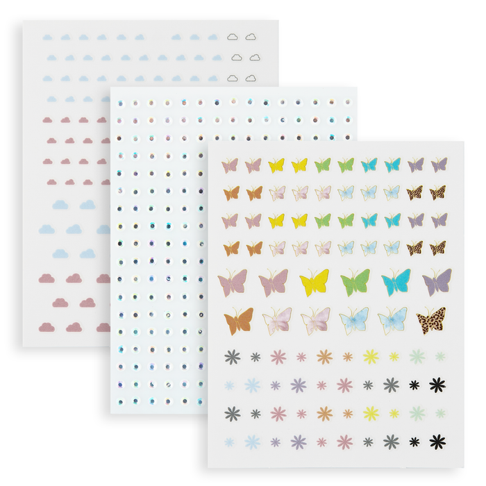Ignorance Is Bliss decal sheets: pearls, rhinestones and pastel butterflies with flowers