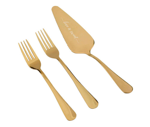 "Love is Sweet" Gold Wedding Cake Server w/ Set of Forks