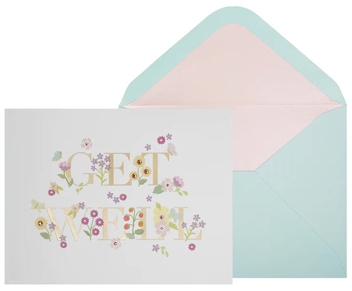 Luxury Get Well Greeting Card - Gold Foil Get Well Lettering With Handmade Flowers