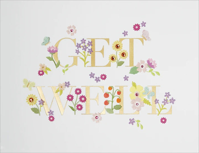 Luxury Get Well Greeting Card - Gold Foil Get Well Lettering With Handmade Flowers