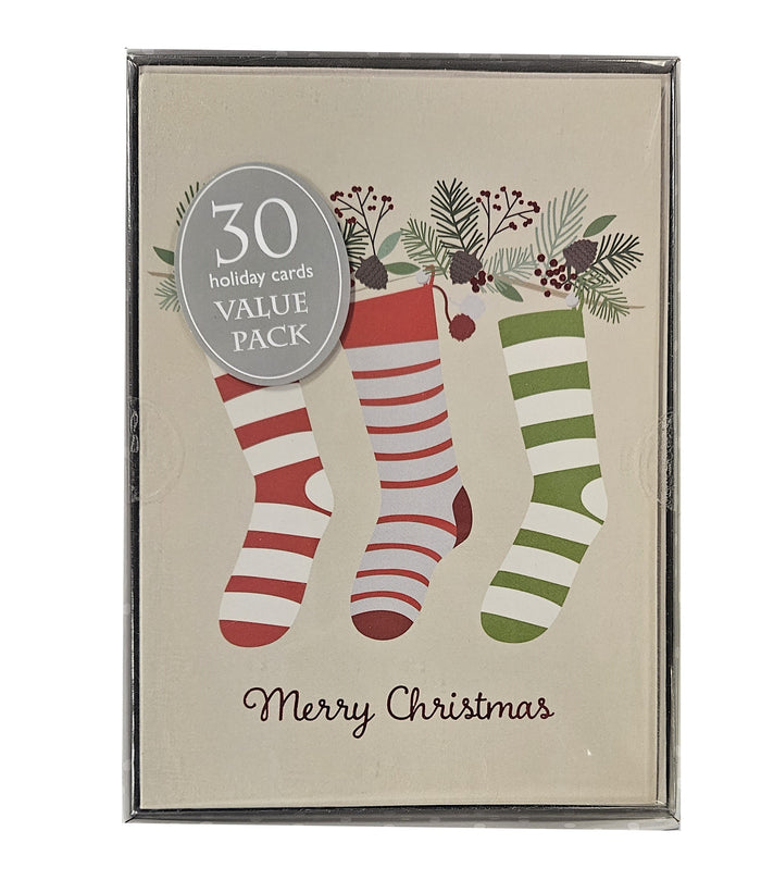 Merry Christmas Stockings -  Value Pack Premium Boxed Holiday Cards - 30ct.