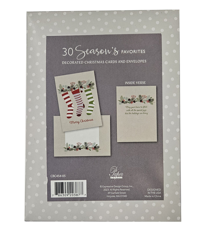 Merry Christmas Stockings -  Value Pack Premium Boxed Holiday Cards - 30ct.