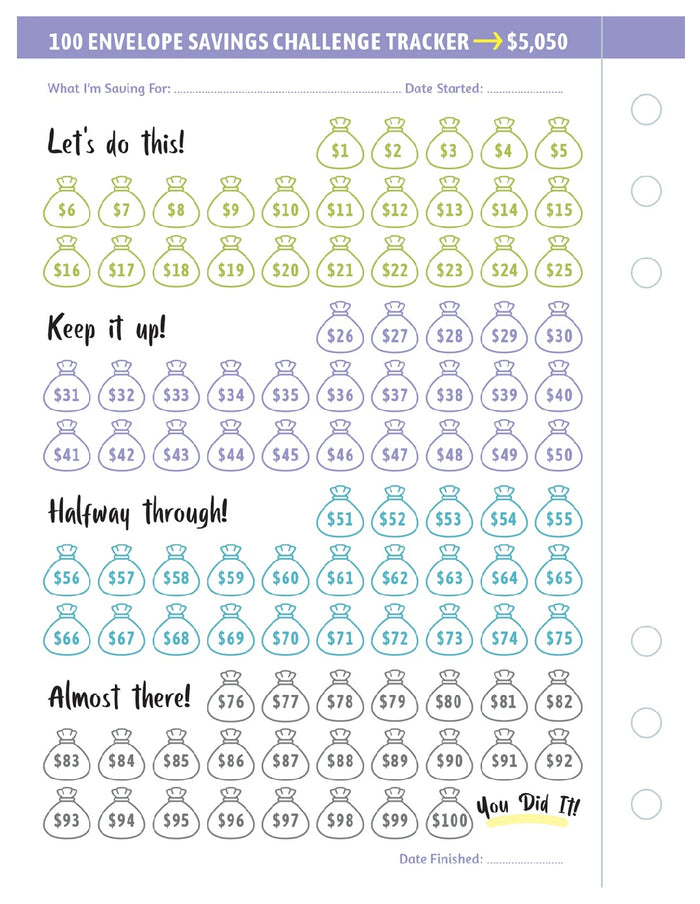 My 100 Envelope Savings Challenge Binder
