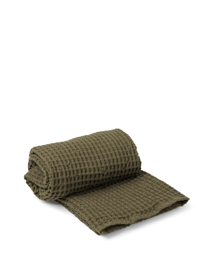Organic Bath Towel in olive, folded with waffle texture