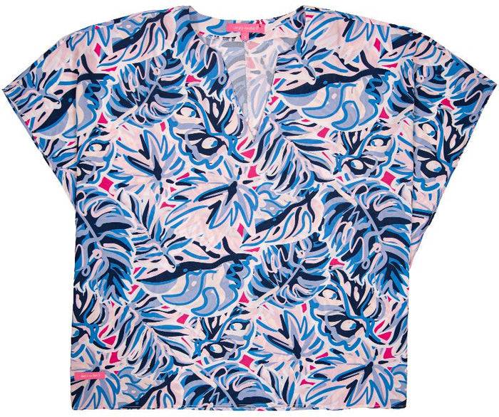 SS Blouse Blue Drape Leaf