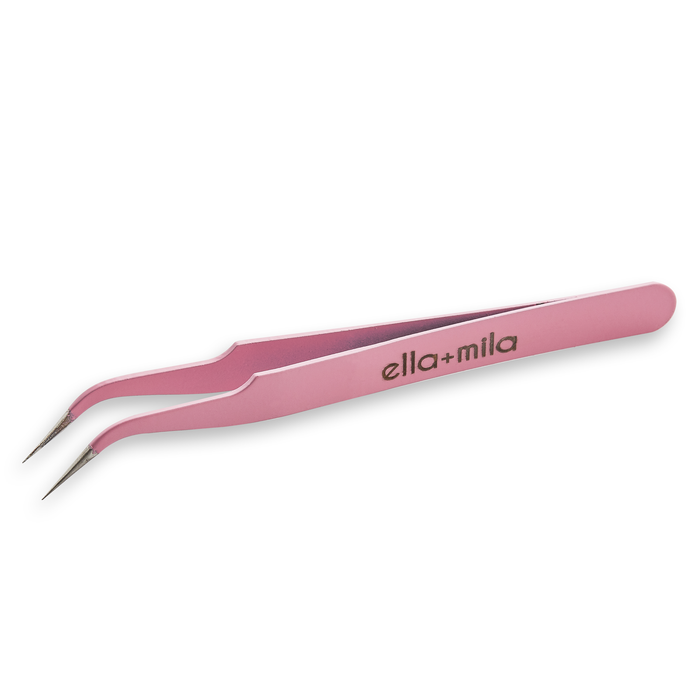 Pink curved precision tweezer with ella+mila logo, angled view